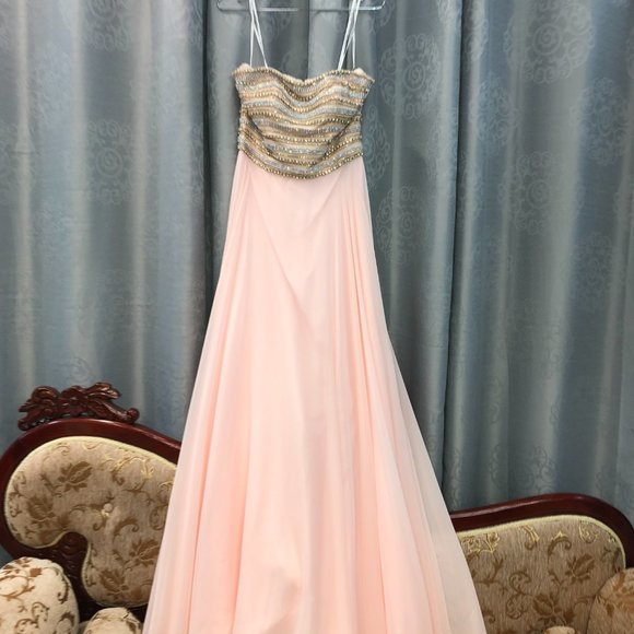 Alyce Blush and Gold Prom or Bridesmaid Dresses, Strapless Aline Flowy chiffon - Picture 11 of 13
